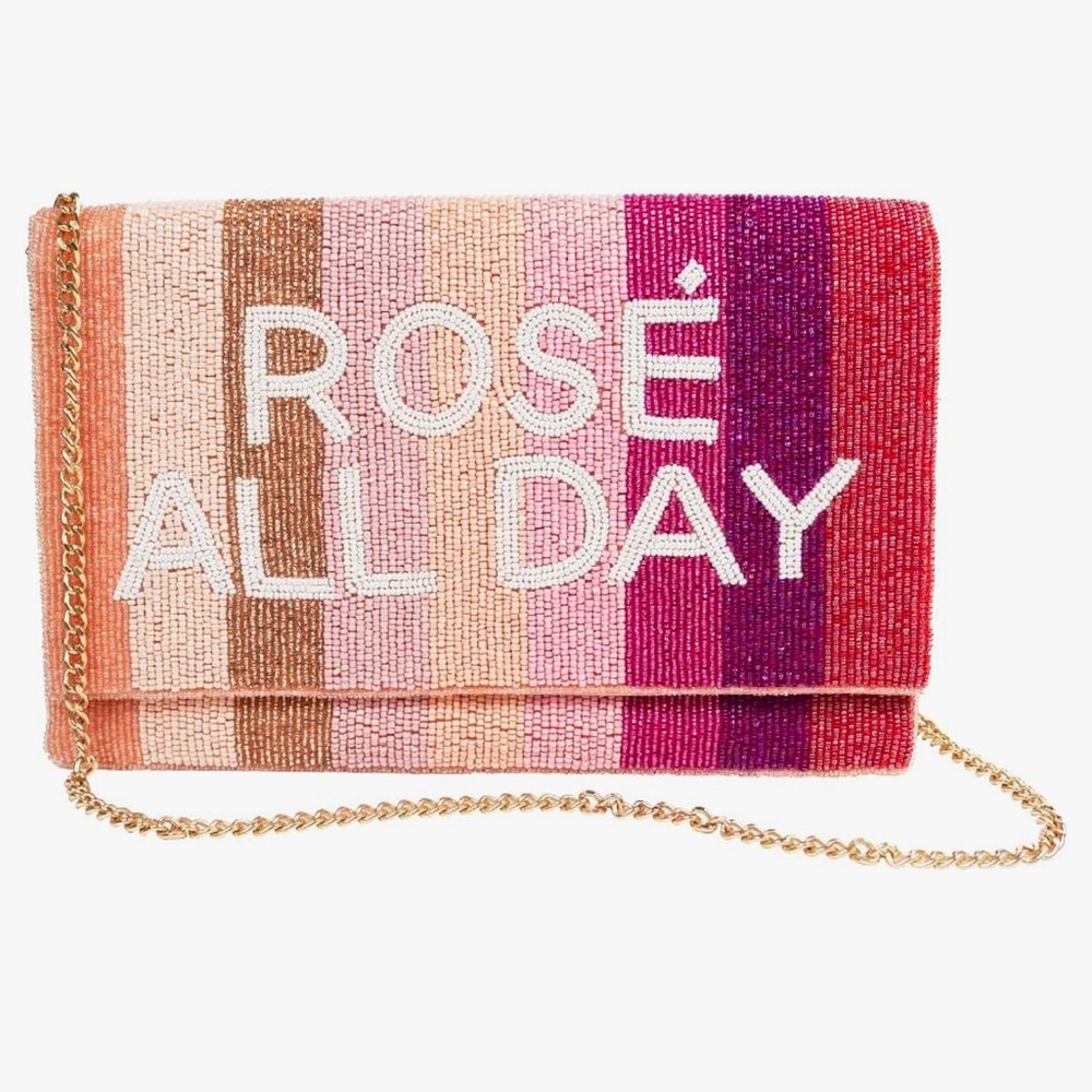 NWT Rose All Day Seed Beaded Pink Multicolor Stripe Flat Envelope Clutch Handbag